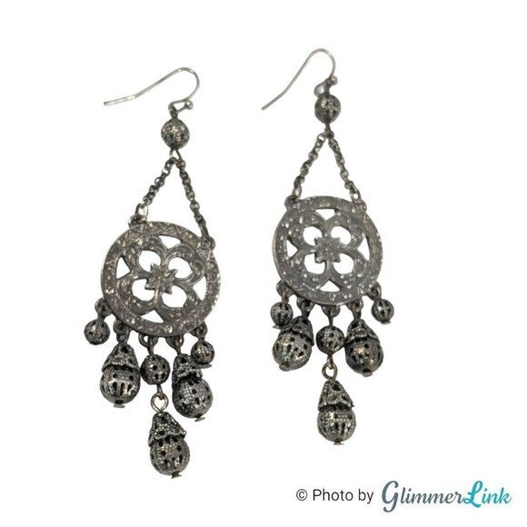 Silver Tone Chandelier Filigree Beaded Floral Dangle Earrings - Picture 2 of 8